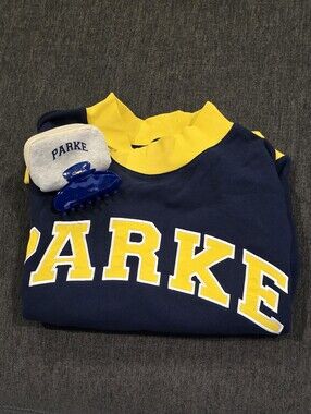 New PARKE Varsity Oversized Mockneck Navy/Yellow Heritage w Denim Claw clip L/XL